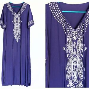 Embroidered Navy Blue Women's Kaftan Maxi Dress